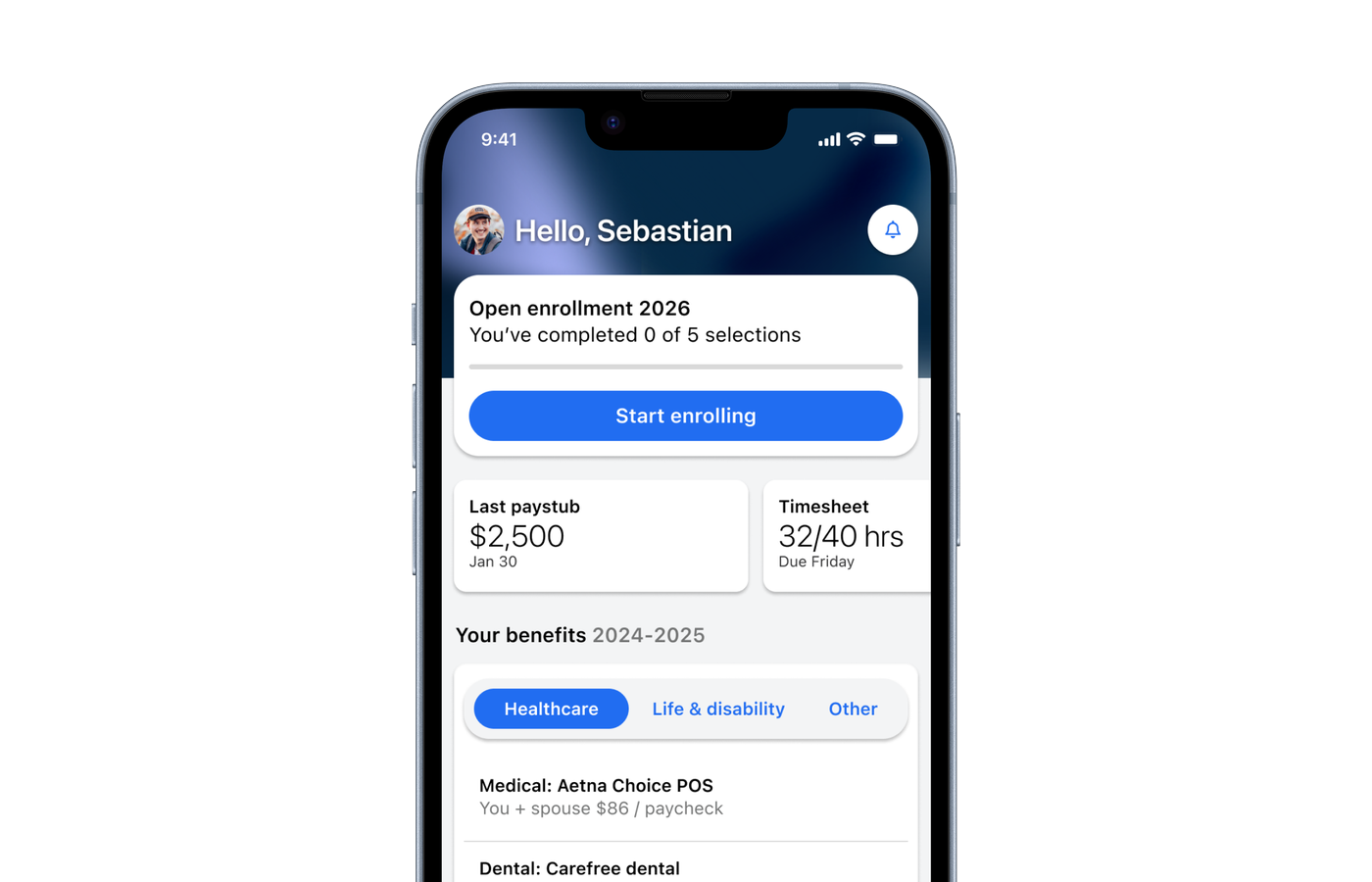 Benefits Enrollment mobile app screens
