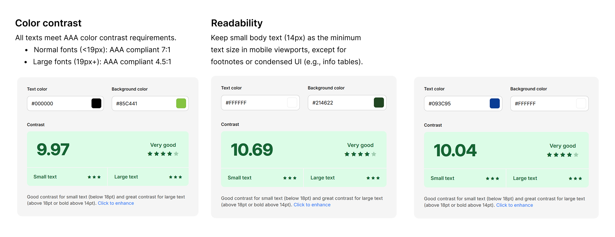 Color contrast and readability accessibility checks