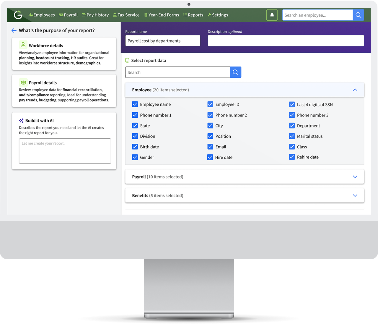 Custom report creation screen shown on iMac mockup