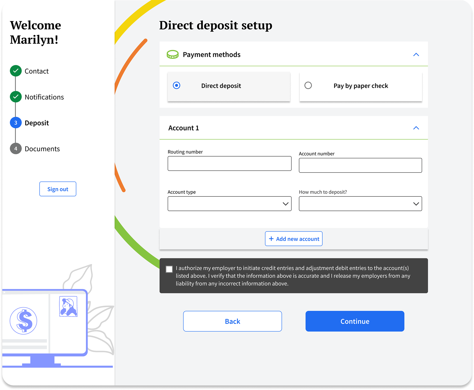 Direct deposit setup screen