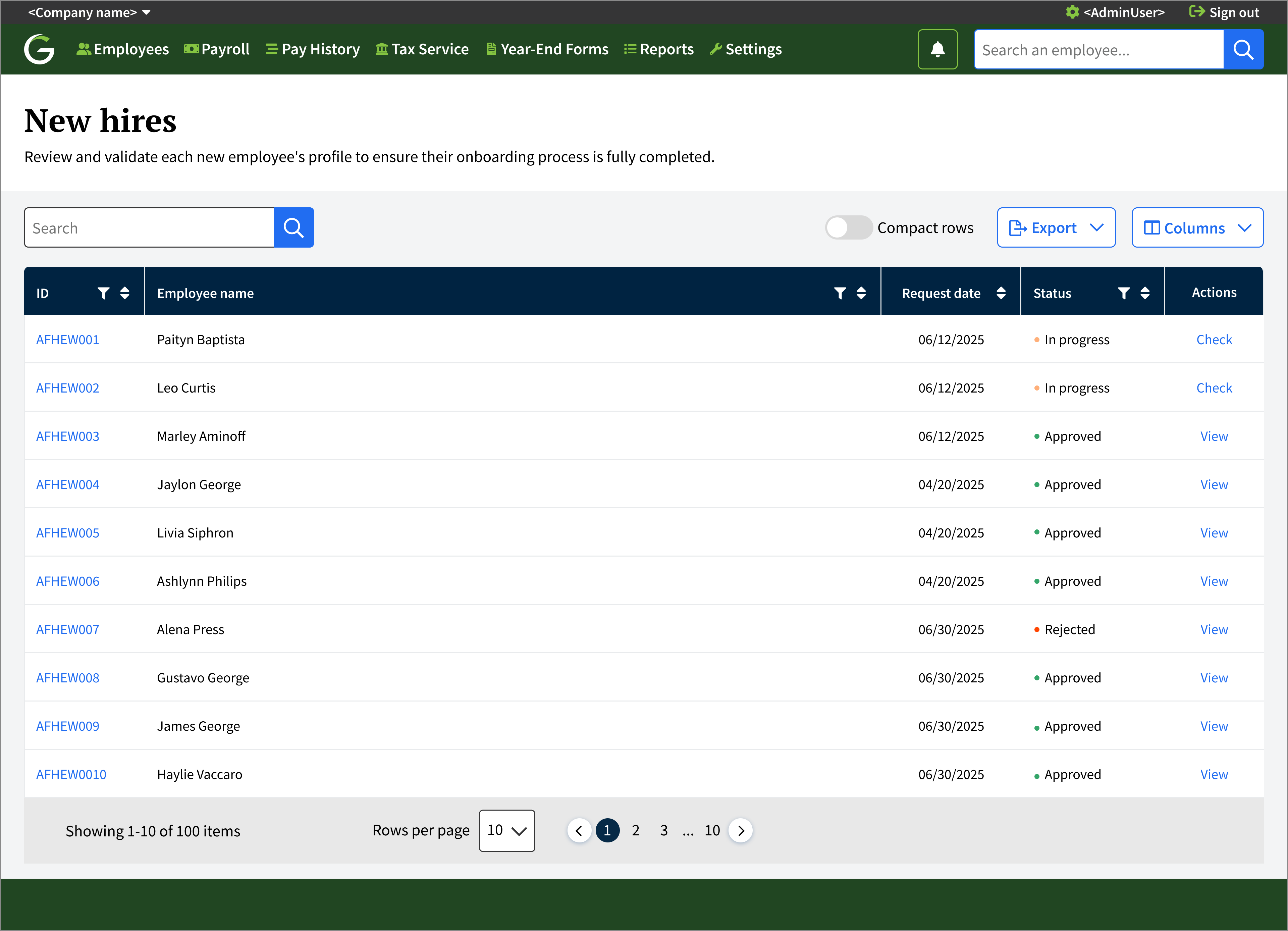 Admin dashboard for reviewing new hire submissions