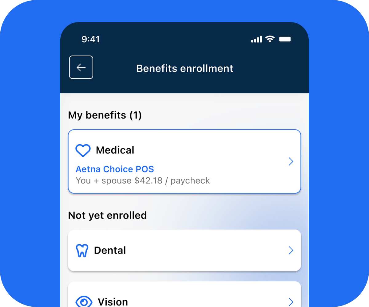 Three enrollment screens: benefit categories, medical plan comparison with pricing, and dependent coverage selection with per-paycheck costs