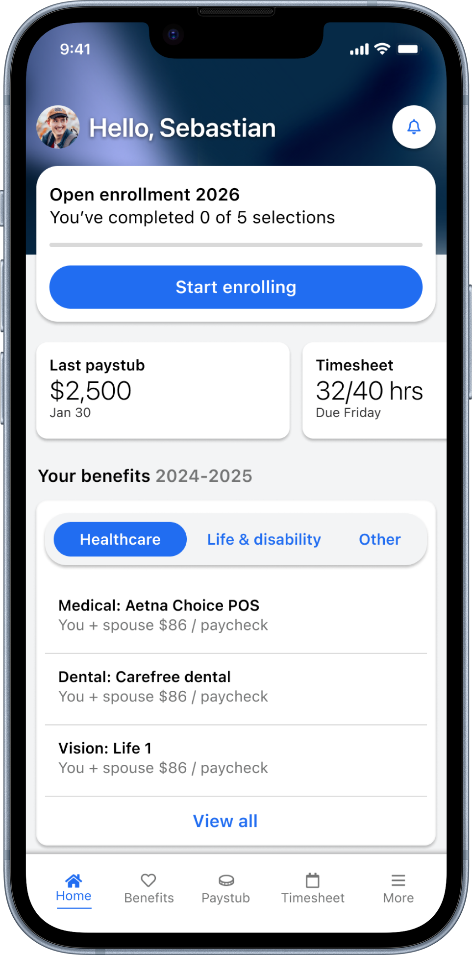 Benefits enrollment mobile app home screen with open enrollment card