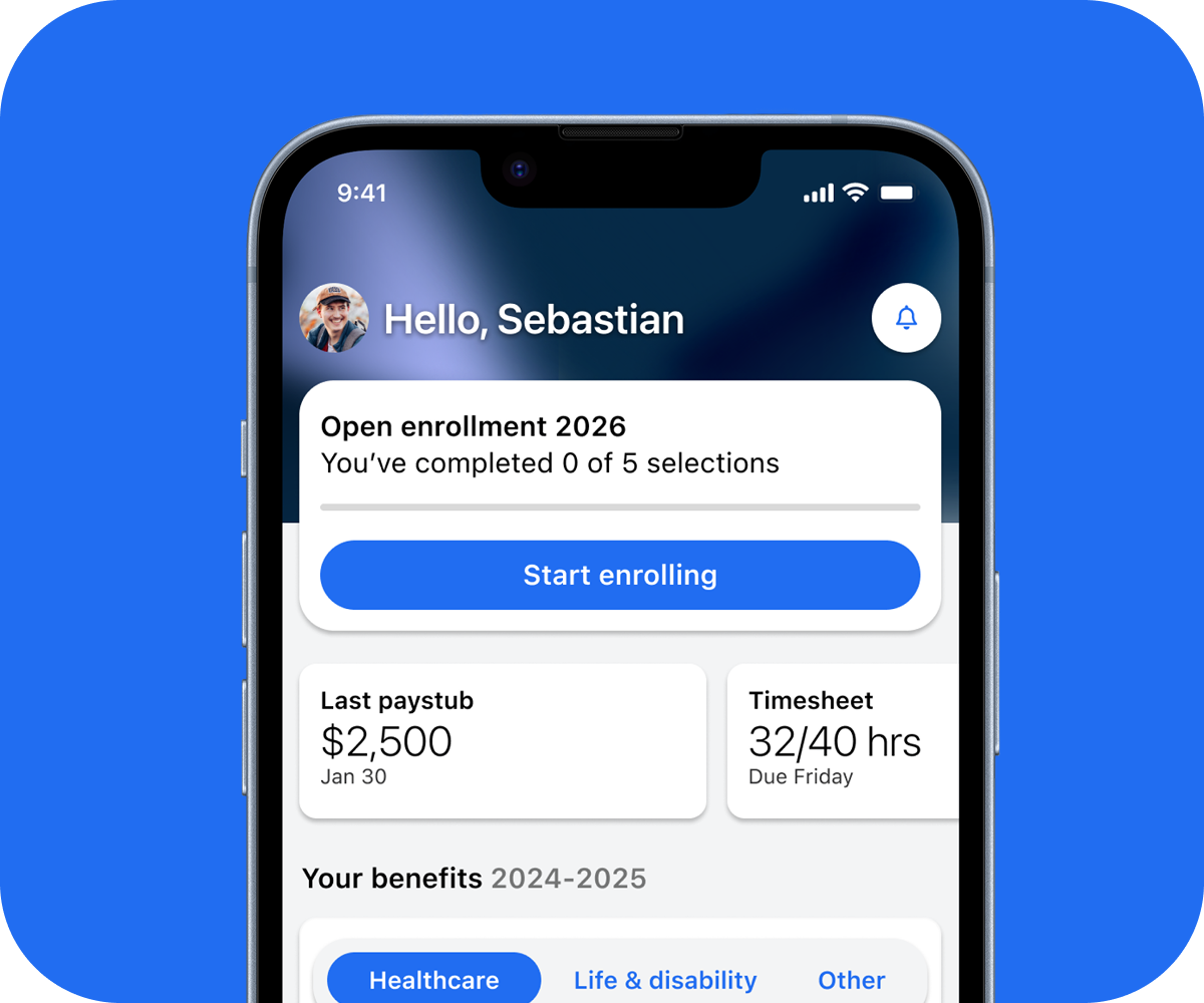 Home screen with open enrollment card showing progress and a start enrolling button