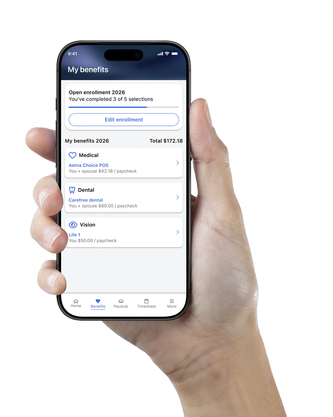 Hand holding a phone showing the completed benefits summary with total per-paycheck cost