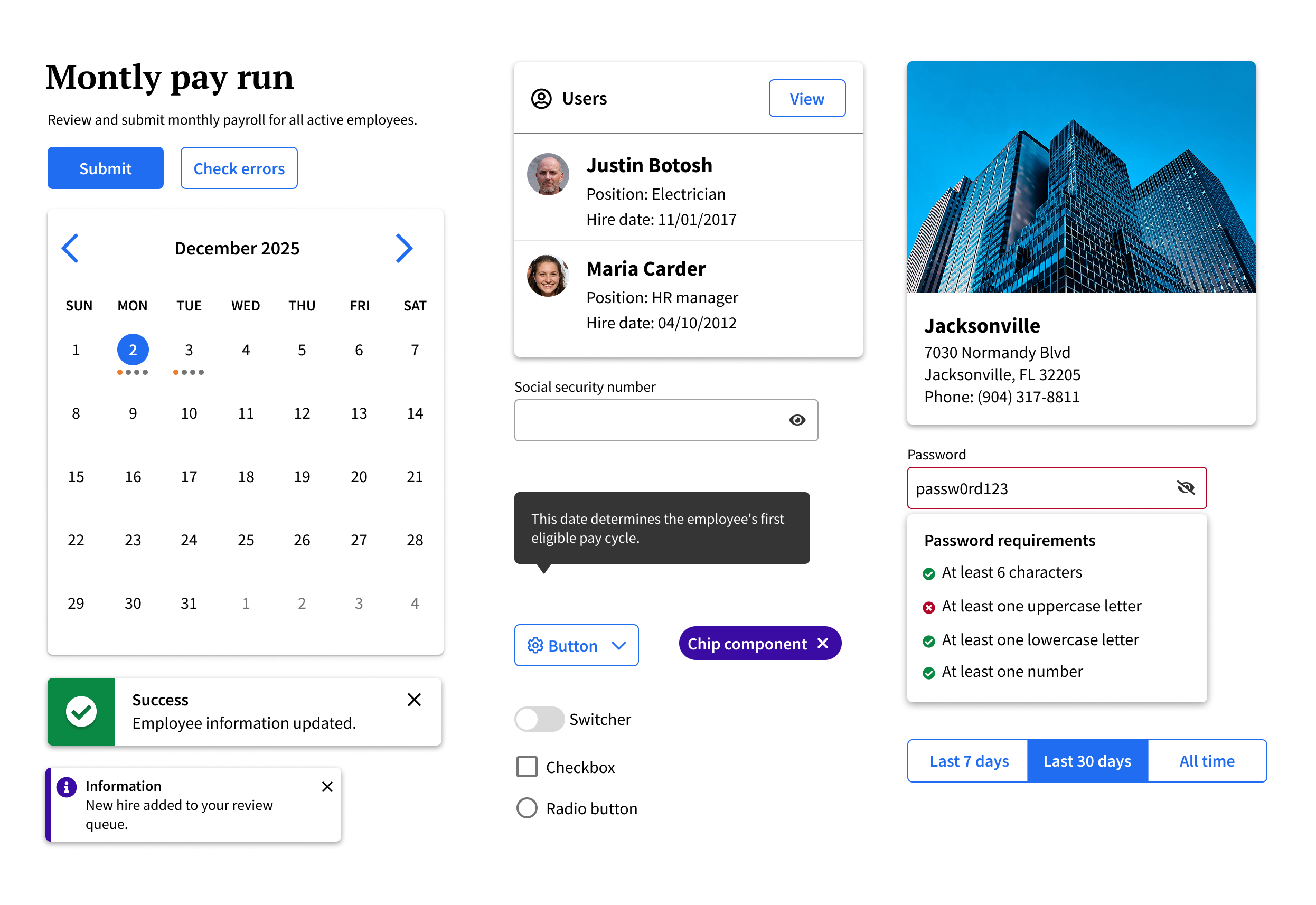 GS Design System components — monthly pay run, notifications, calendar, tooltip, buttons, chips, switcher and segmented controls